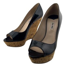 Iconic Miu Miu Black Patent Leather Cork Wedge Peep-Toe Platforms
